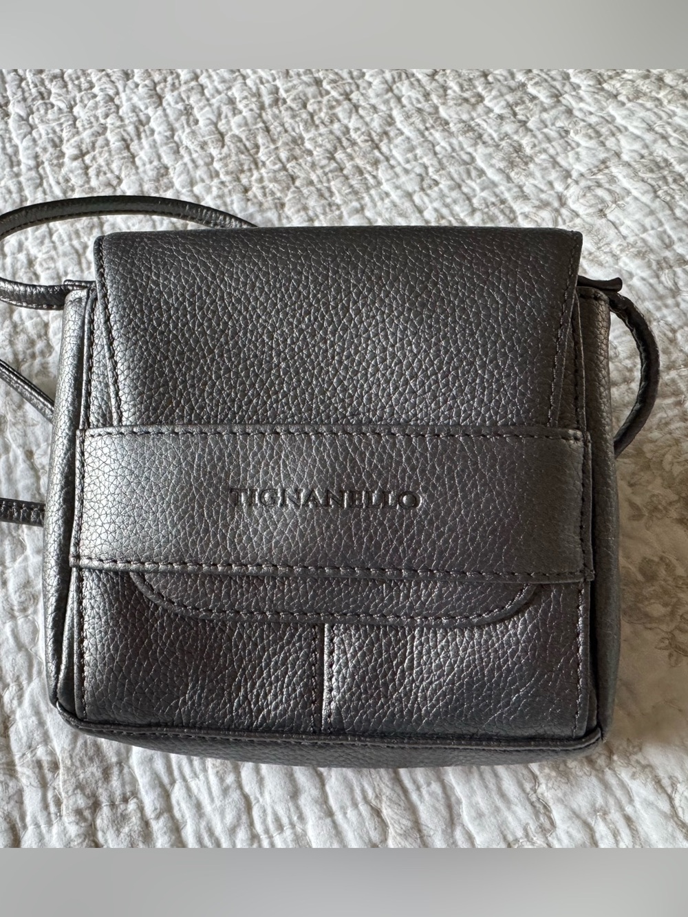 Tignanello Grey Metallic Leather Crossbody Bag, 6”x6” 🦋